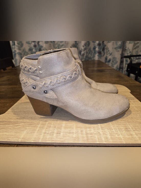 Indigo road Shoes - Indigo Road Taupe Braided Suede Ankle Booties with Stacked Heel